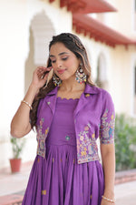 Thumbnail for Evanik Women Vichitra Silk With Sequins, Zari & Thread Embroidered work Gown With Stylish Koti - Distacart