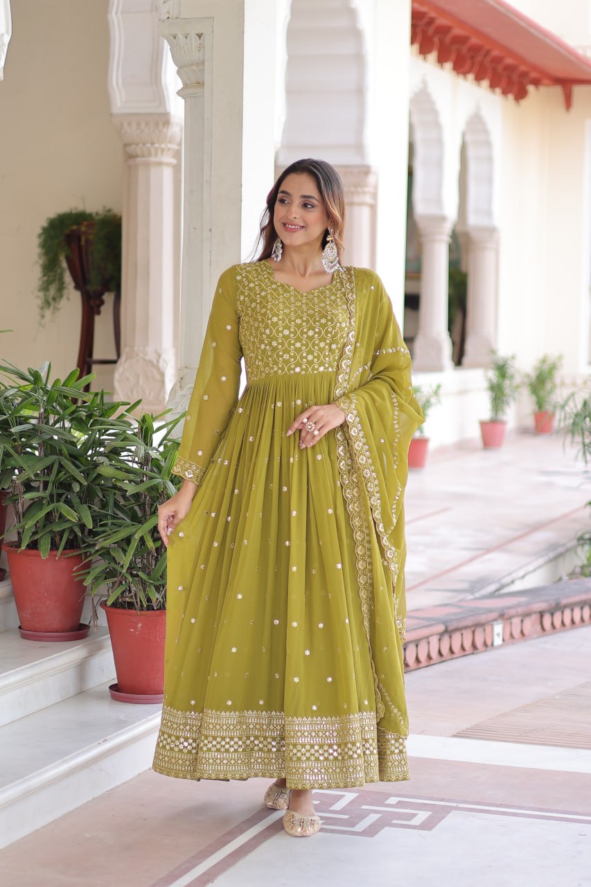 Evanik Mehendi Faux Georgette with Rich Sequins & Zari Embroidered work Gown - Distacart