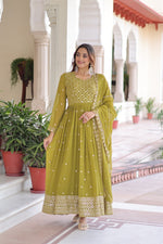Thumbnail for Evanik Mehendi Faux Georgette with Rich Sequins & Zari Embroidered work Gown - Distacart