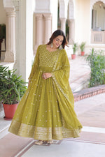 Thumbnail for Evanik Mehendi Faux Georgette with Rich Sequins & Zari Embroidered work Gown - Distacart