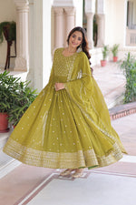 Thumbnail for Evanik Mehendi Faux Georgette with Rich Sequins & Zari Embroidered work Gown - Distacart