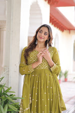 Thumbnail for Evanik Mehendi Faux Georgette with Rich Sequins & Zari Embroidered work Gown - Distacart