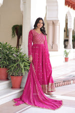 Thumbnail for Evanik Rani Pink Faux Georgette with Rich Sequins & Zari Embroidered work Gown - Distacart