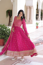 Thumbnail for Evanik Rani Pink Faux Georgette with Rich Sequins & Zari Embroidered work Gown - Distacart