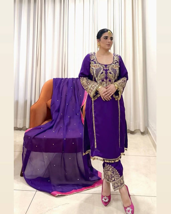 Pramukh Fab Purple Color Faux Georgette Kurta Pant Set