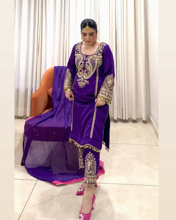 Pramukh Fab Purple Color Faux Georgette Kurta Pant Set