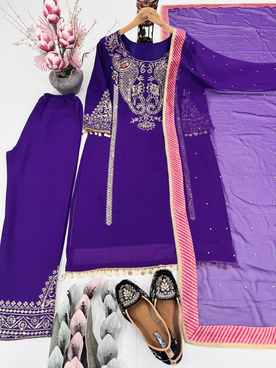 Pramukh Fab Purple Color Faux Georgette Kurta Pant Set