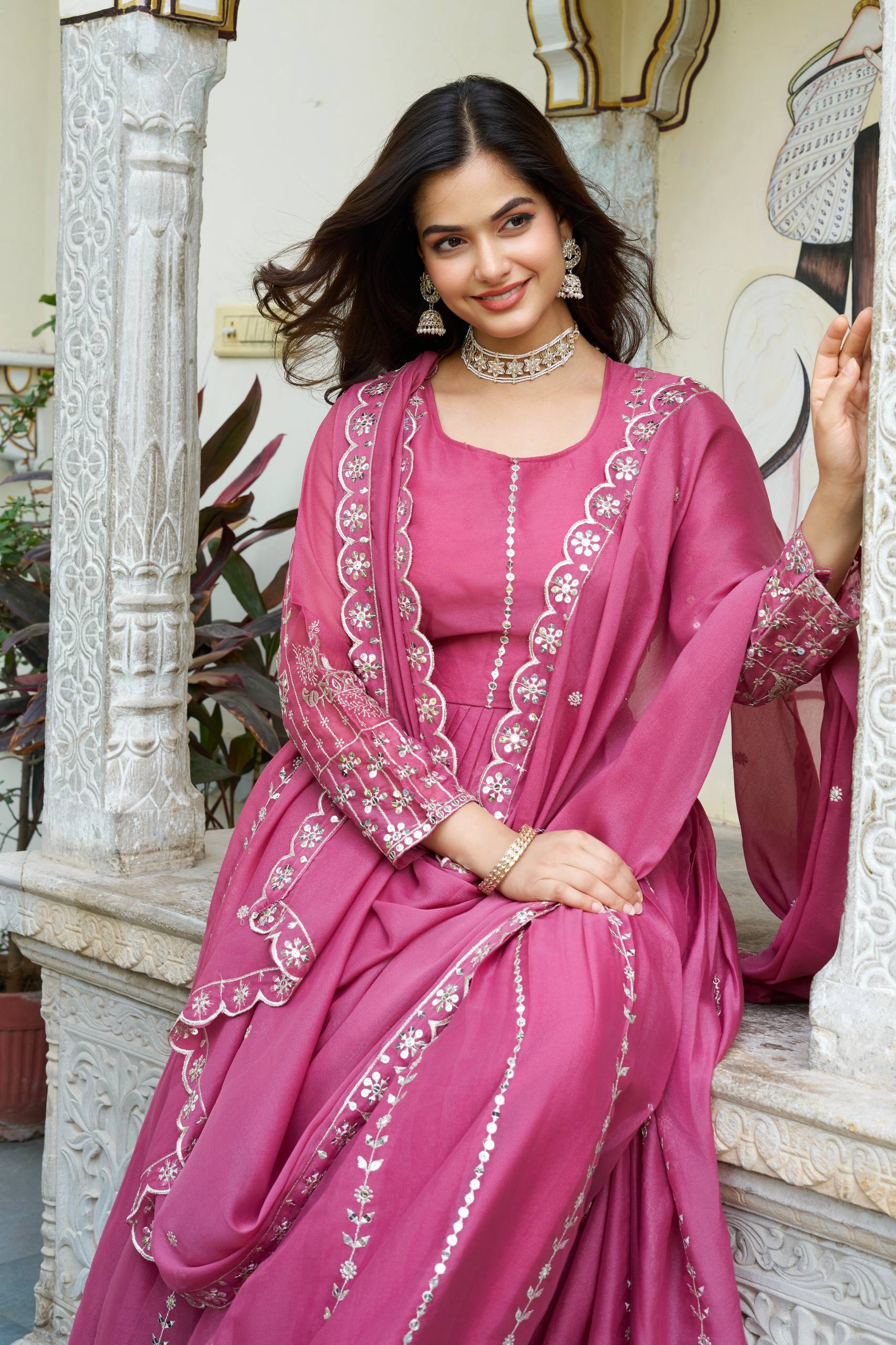 Pramukh Fab Pink Color Star Georgette Gown
