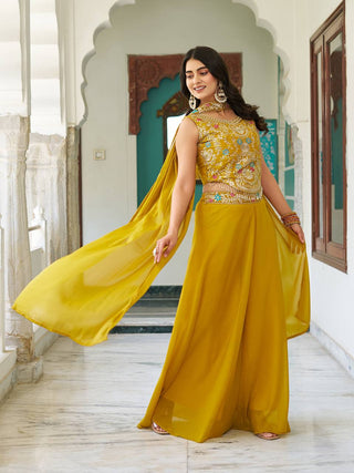 Pramukh Fab Mustard Color Star Georgette Top Palazzo Set