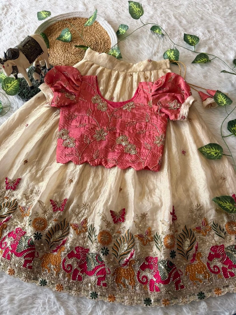 Evanik Pink Space Silk Elephant Mission Embroidered Work Kids Lehenga Choli Set - Dista