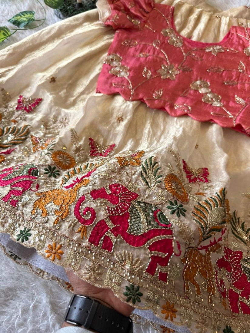 Evanik Pink Space Silk Elephant Mission Embroidered Work Kids Lehenga Choli Set - Dista