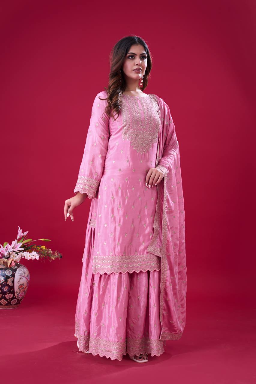 Pramukh Fab Pink Color Chinon Silk Kurta Sharara Pair