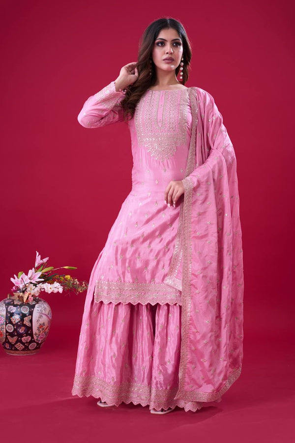 Pramukh Fab Pink Color Chinon Silk Kurta Sharara Pair