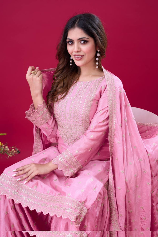 Pramukh Fab Pink Color Chinon Silk Kurta Sharara Pair