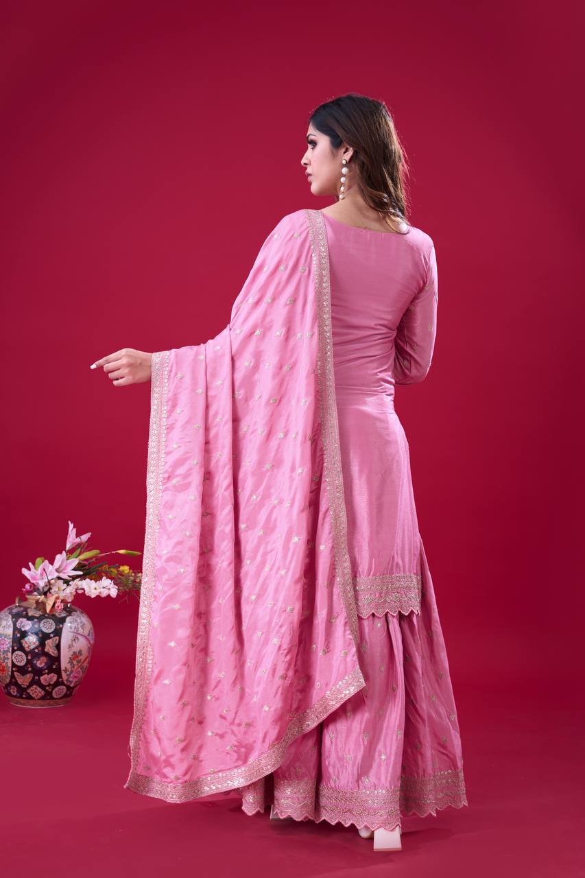 Pramukh Fab Pink Color Chinon Silk Kurta Sharara Pair