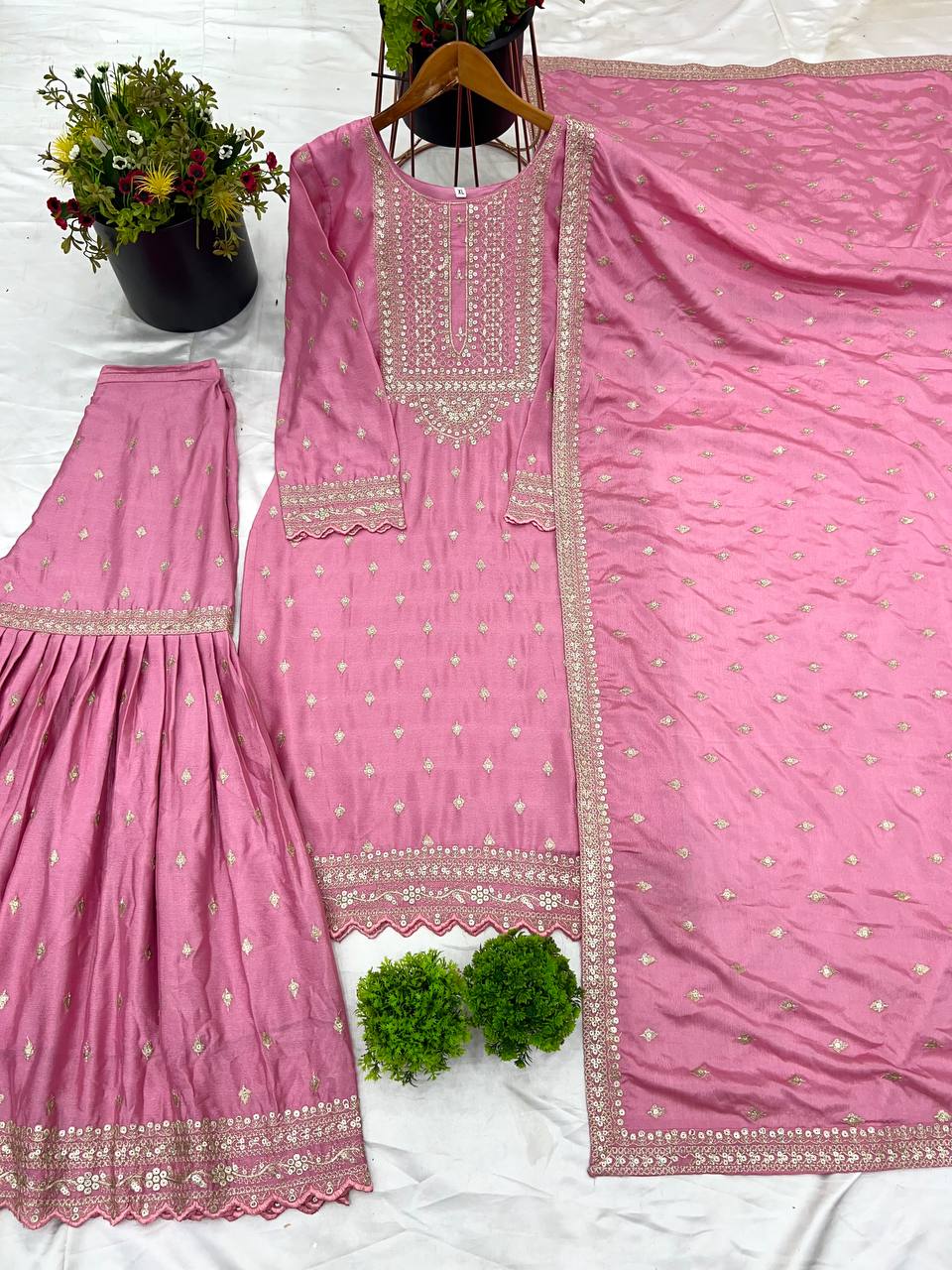 Pramukh Fab Pink Color Chinon Silk Kurta Sharara Pair