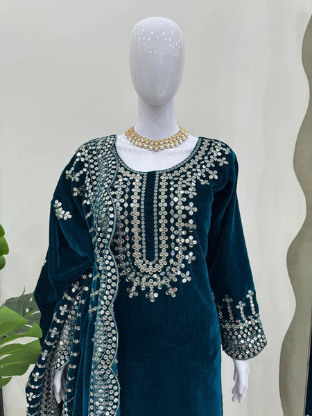 Pramukh Fab Dark Blue Color Viscose Velvet Kurta Set