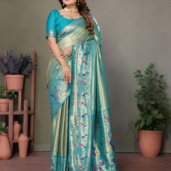 Anaita Blue Tissue Silk With Paithani Woven Saree With Blouse - Distacart