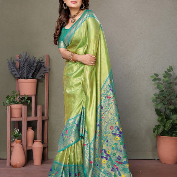 Anaita Light Green Tissue Silk With Paithani Woven Saree With Blouse - Distacart