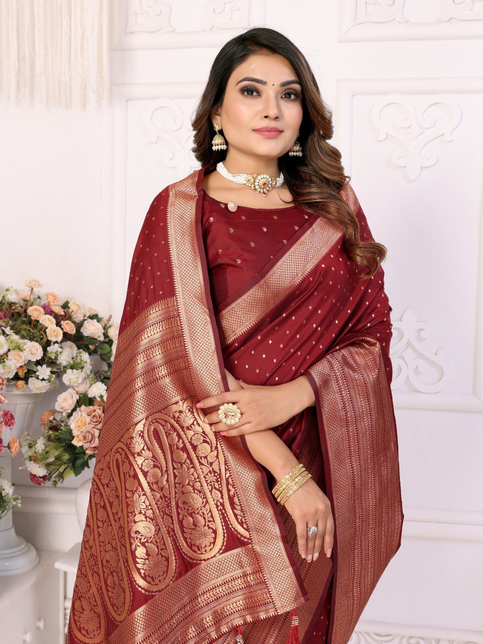 Anaita Dark Maroon Silk With Zari Weaving Saree With Blouse - Distacart