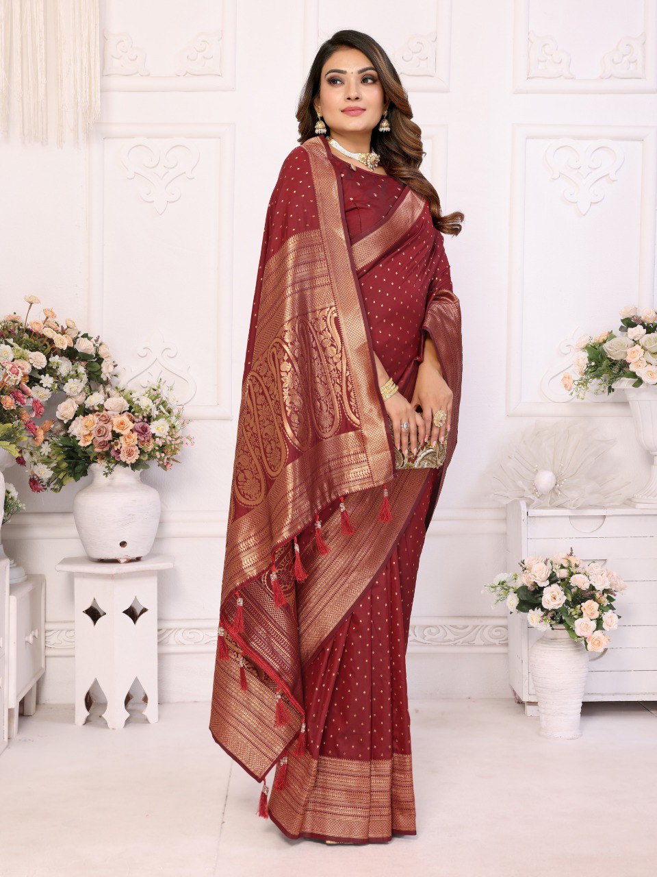 Anaita Dark Maroon Silk With Zari Weaving Saree With Blouse - Distacart