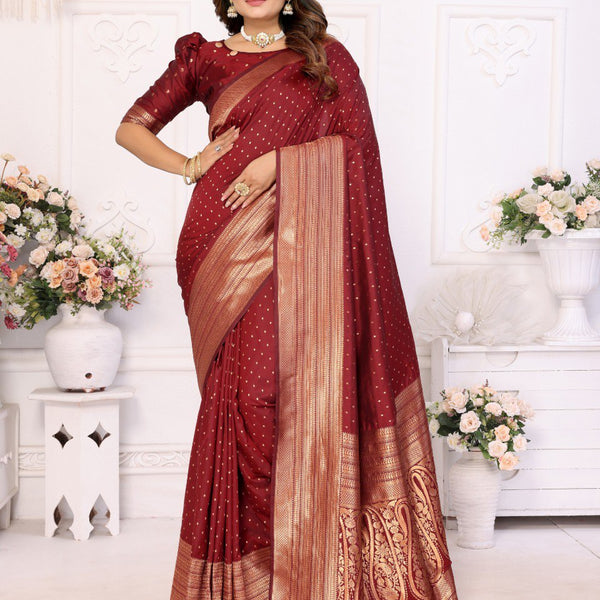 Anaita Dark Maroon Silk With Zari Weaving Saree With Blouse - Distacart