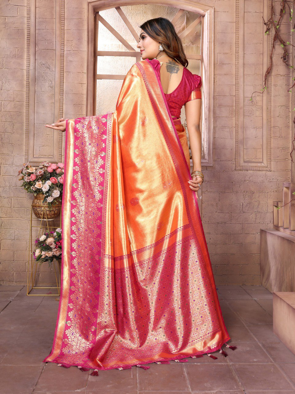 Anaita Light Orange Tissue Silk With Weaving Saree With Blouse - Distacart