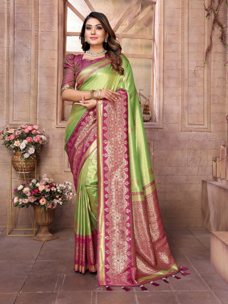 Anaita Light Green Tissue Silk With Weaving Saree With Blouse - Distacart