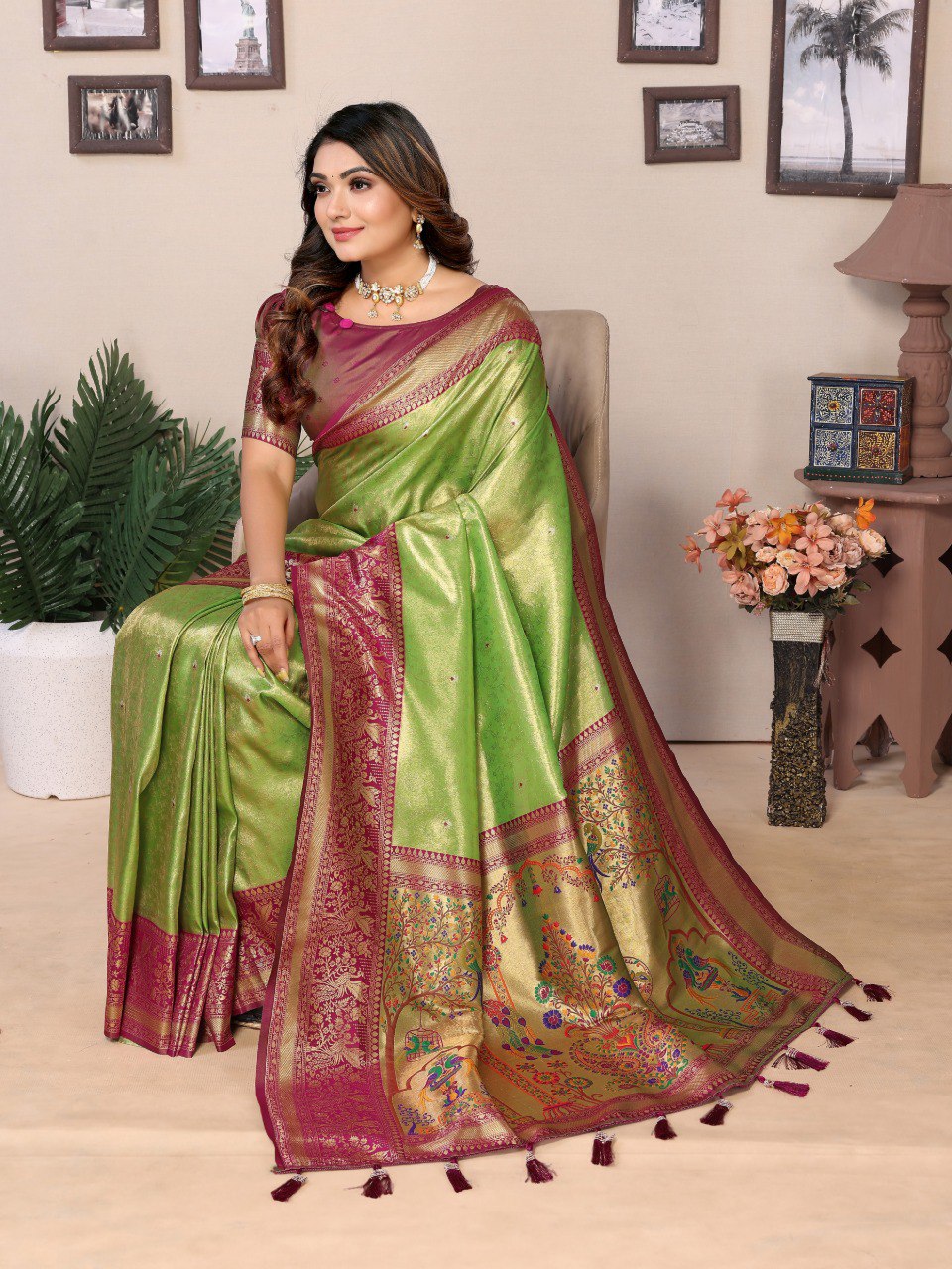 Anaita Light Green Tissue Silk With Weaving Saree With Blouse - Distacart