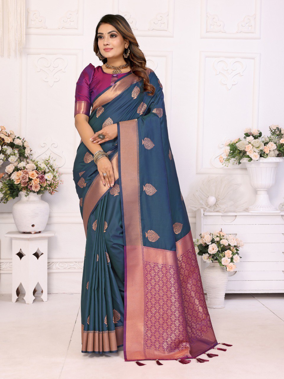 Anaita Navy Blue Silk Weaving Saree With Blouse - Distacart