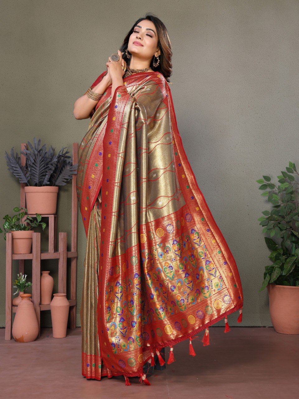 Anaita Light Red Tissue Silk With Weaving Saree With Blouse - Distacart