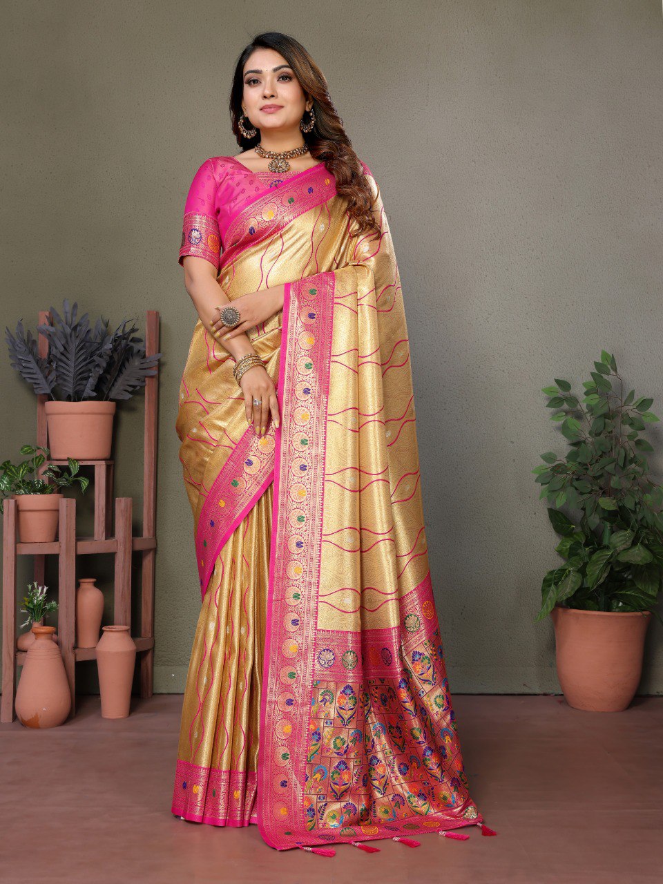 Anaita Light Golden Tissue Silk With Weaving Saree With Blouse - Distacart