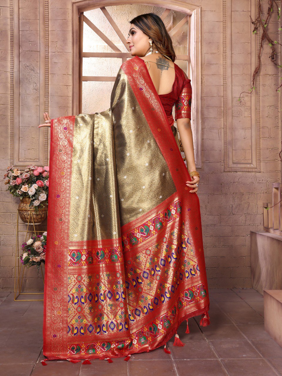 Anaita Dark Golden Tissue Silk With Weaving Saree With Blouse - Distacart