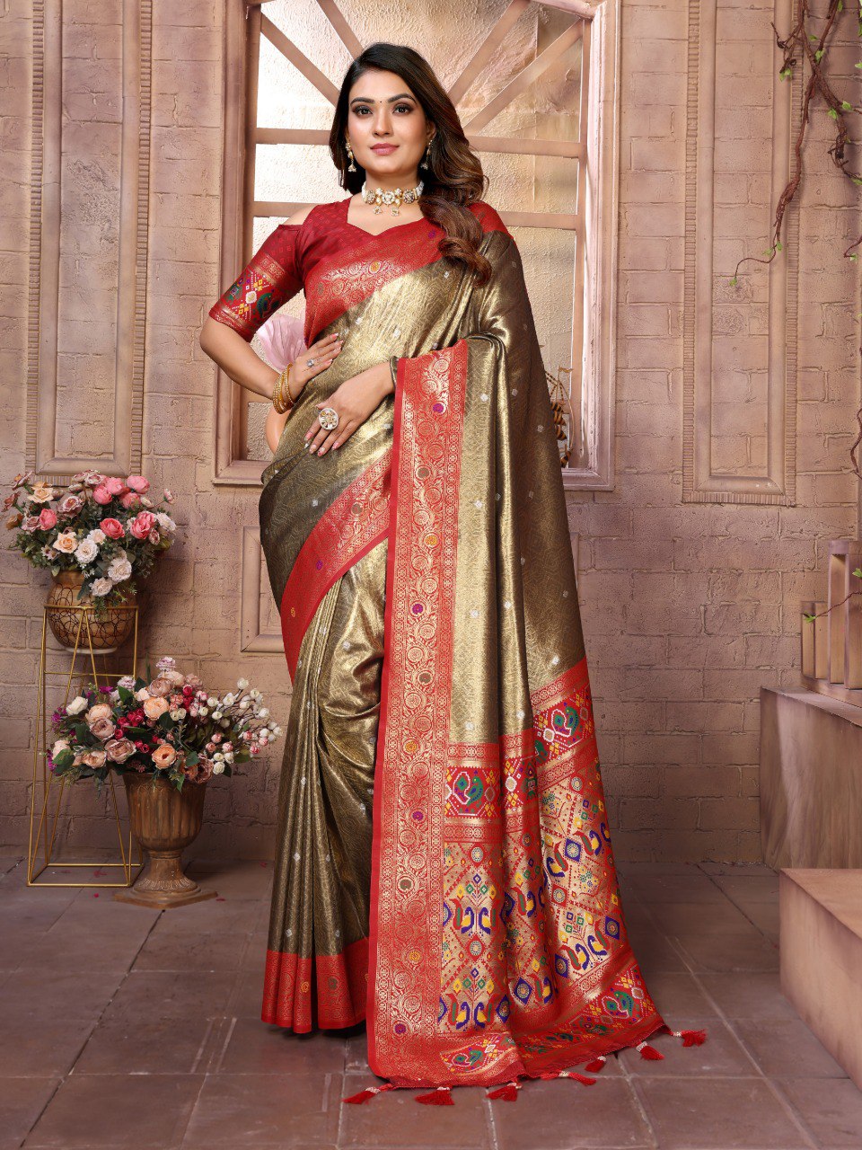 Anaita Dark Golden Tissue Silk With Weaving Saree With Blouse - Distacart