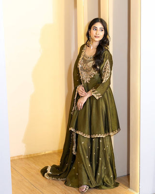 Pramukh Fab Mehendi Color Simmer Silk Kurta Sharara Set