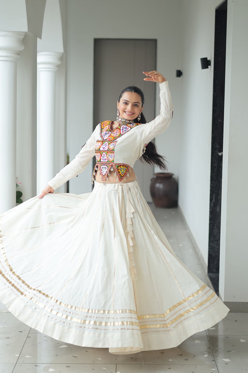 Evanik Navratri Off White Kora Cotton With Kutchi Work Stitched Lehenga Choli