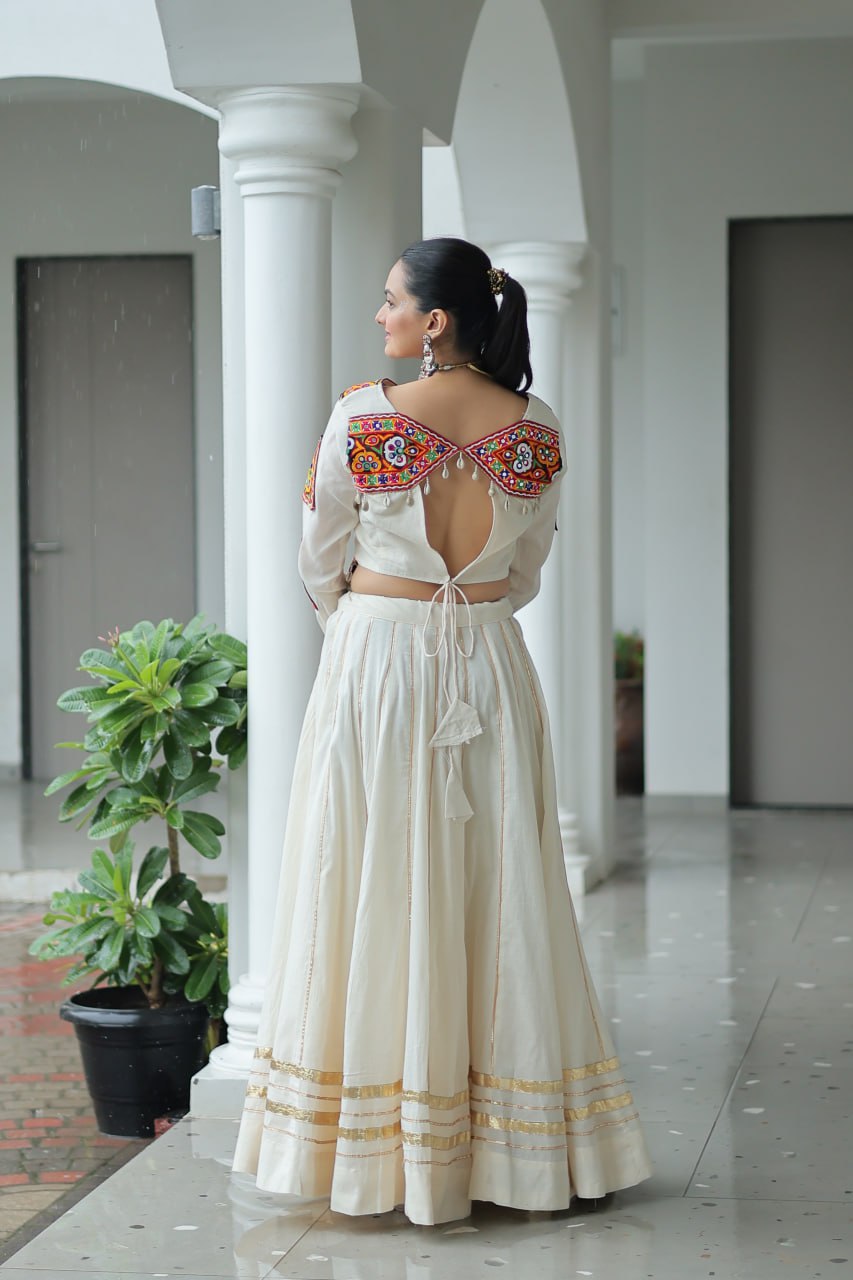 Evanik Navratri Off White Kora Cotton With Kutchi Work Stitched Lehenga Choli