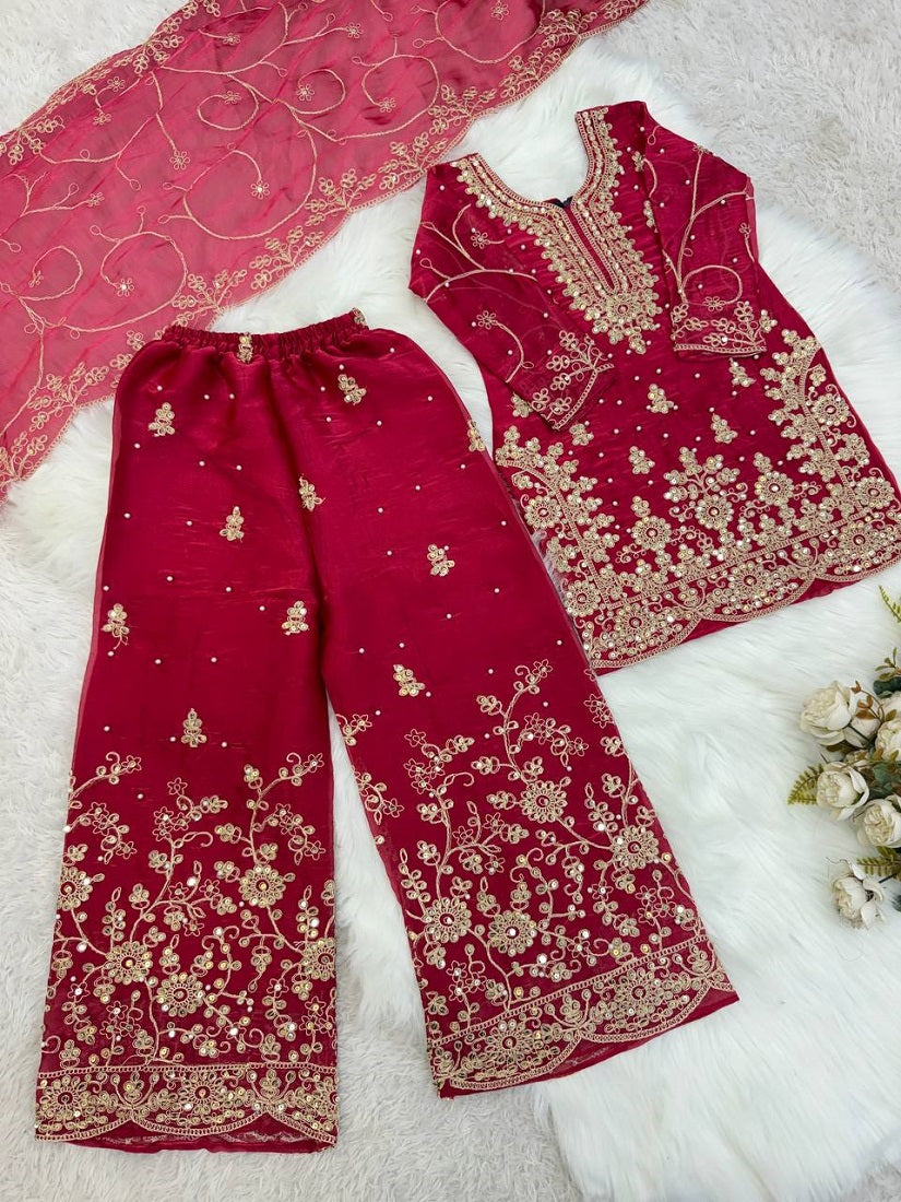 Evanik Pink Designer Wedding Embroidered Work Kids Palazzo Set - Dista