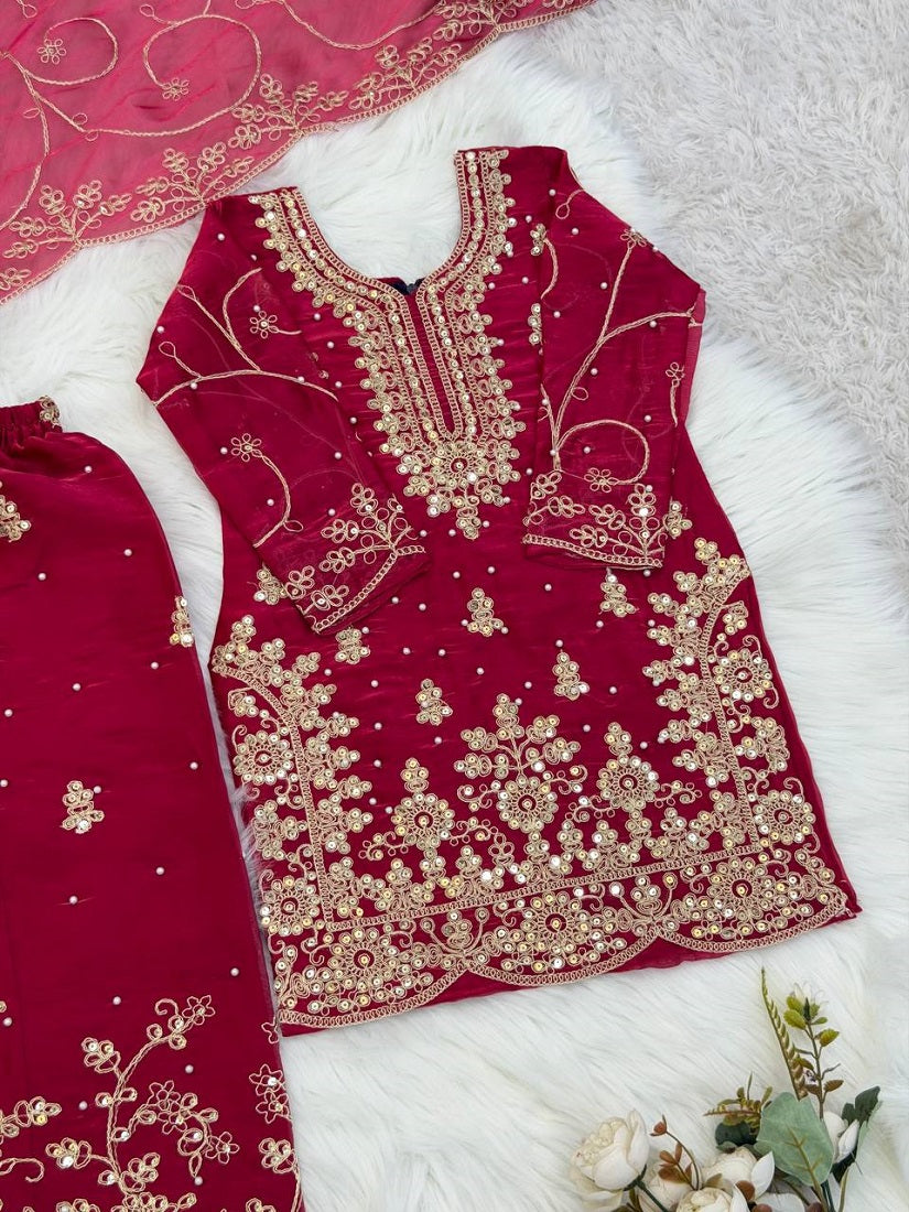 Evanik Pink Designer Wedding Embroidered Work Kids Palazzo Set - Dista