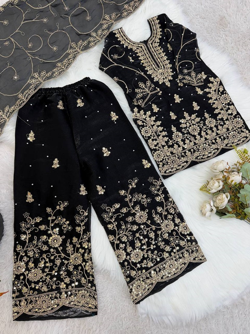Evanik Black Designer Wedding Embroidered Work Kids Palazzo Set - Dista