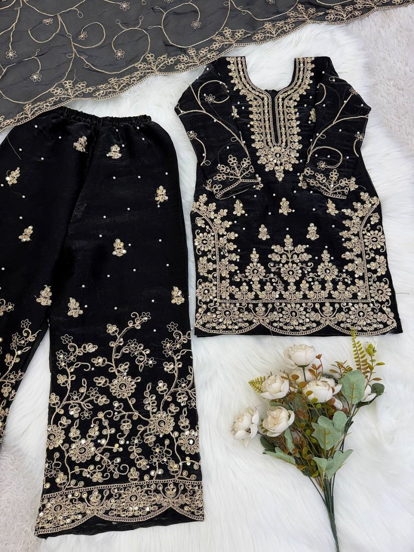 Evanik Black Designer Wedding Embroidered Work Kids Palazzo Set - Dista