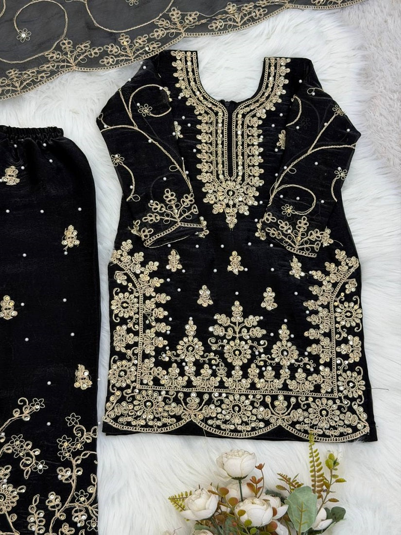 Evanik Black Designer Wedding Embroidered Work Kids Palazzo Set - Dista