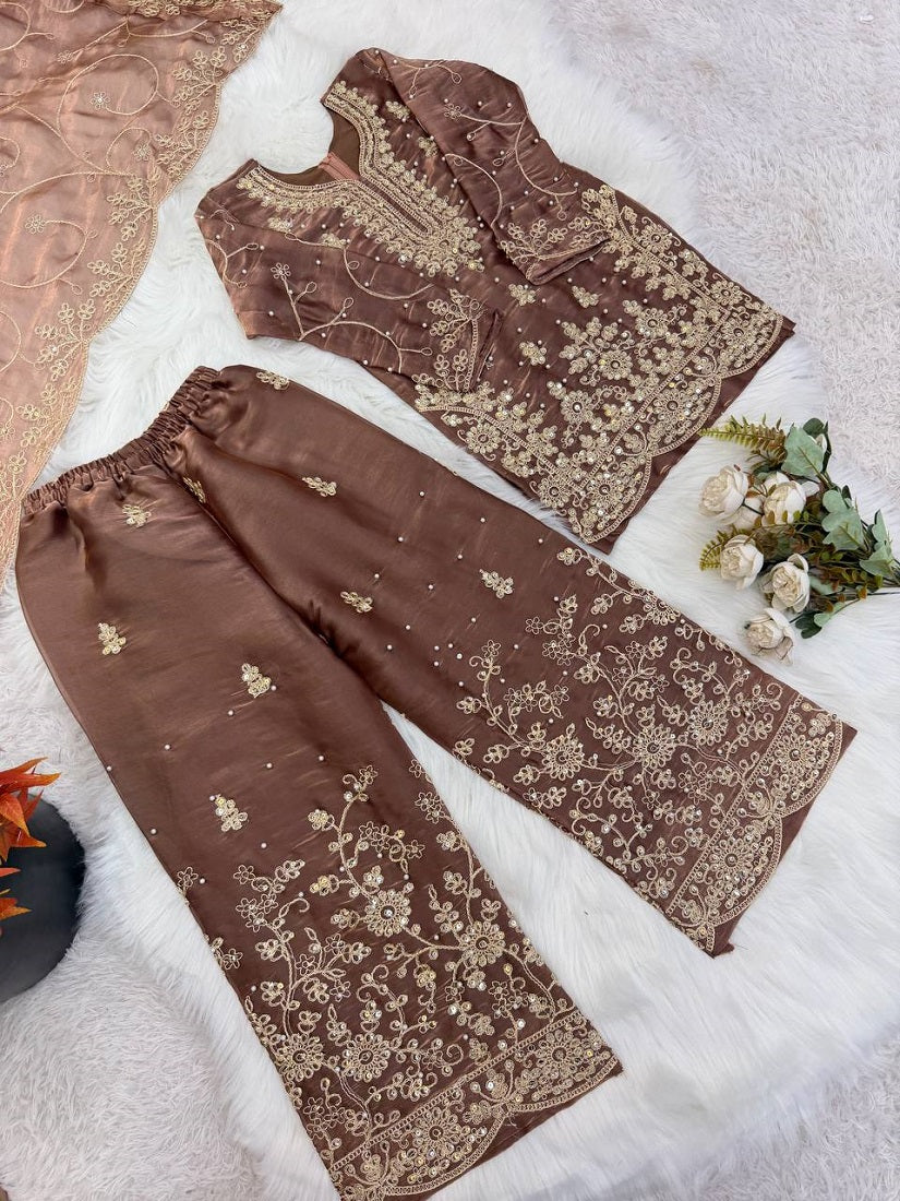 Evanik Brown Designer Wedding Embroidered Work Kids Palazzo Set - Dista