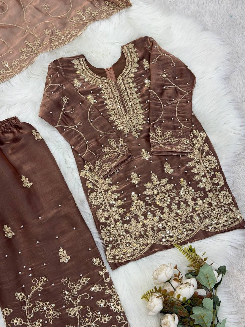 Evanik Brown Designer Wedding Embroidered Work Kids Palazzo Set - Dista