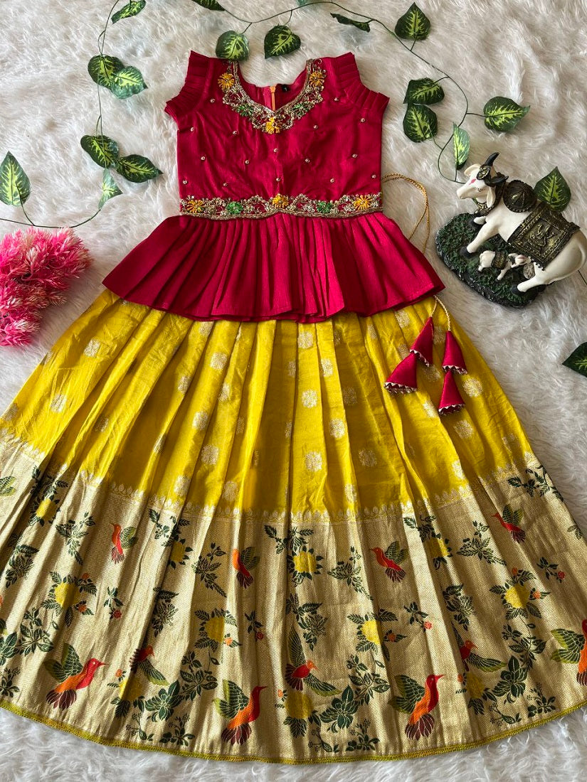 Evanik Red Soft Khadi Georgette With Beutifull Handwork Kids Lehenga Choli - Dista