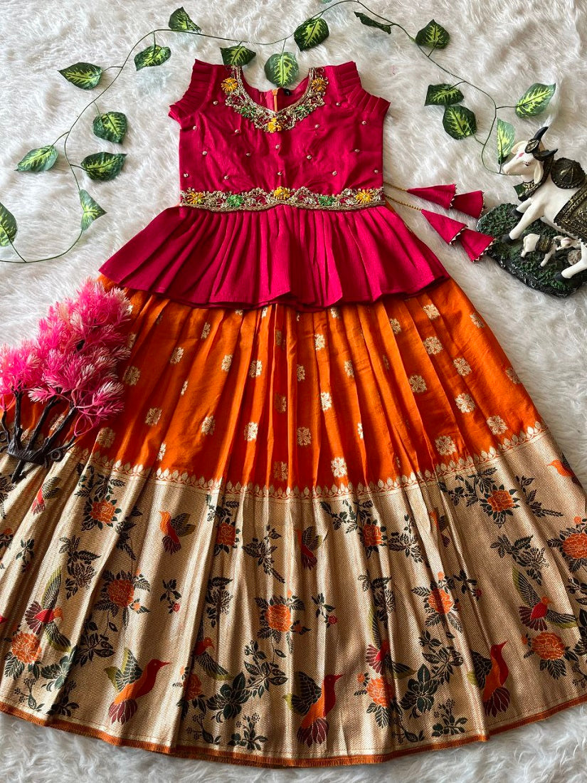 Evanik Pink Soft Khadi Georgette With Beutifull Handwork Kids Lehenga Choli - Dista
