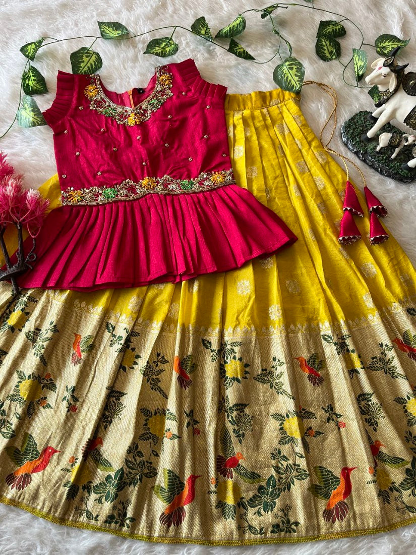 Evanik Red Soft Khadi Georgette With Beutifull Handwork Kids Lehenga Choli - Dista