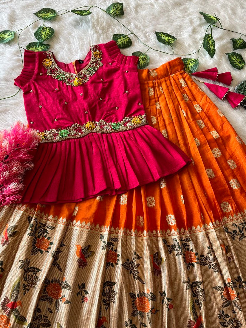 Evanik Pink Soft Khadi Georgette With Beutifull Handwork Kids Lehenga Choli - Dista