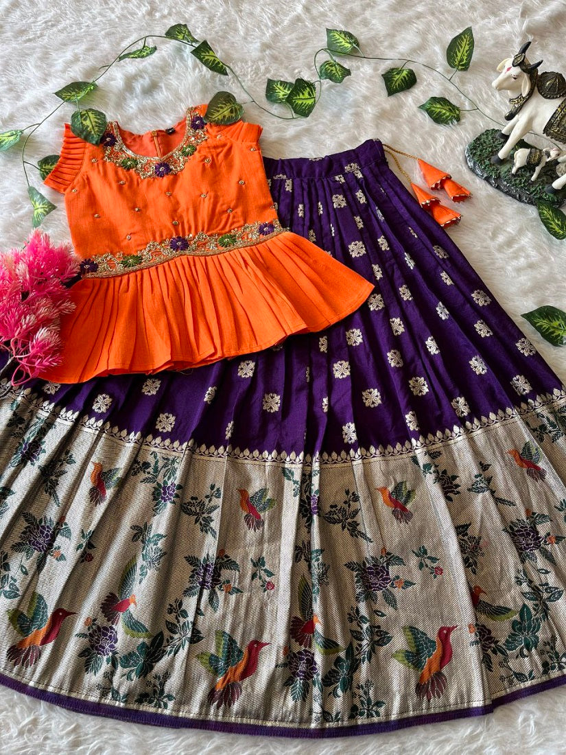 Evanik Orange Soft Khadi Georgette With Beutifull Handwork Kids Lehenga Choli - Dista