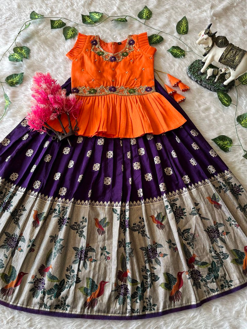 Evanik Orange Soft Khadi Georgette With Beutifull Handwork Kids Lehenga Choli - Dista